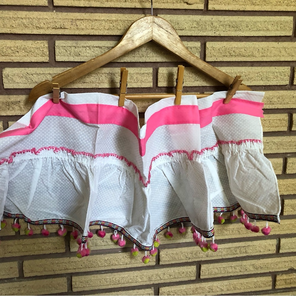 60's Pink/White Polka Dot Pom Pom Valance - 54" Long - Curtain - Drapes - RV